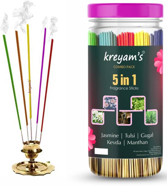 Kreyam's Nature smells Incense Stick For Puja Meditation And Negative Energy remover Agarbatti Jasmin, Tulsi, Gugal, Kevda, Manthan 240 Incense sticks