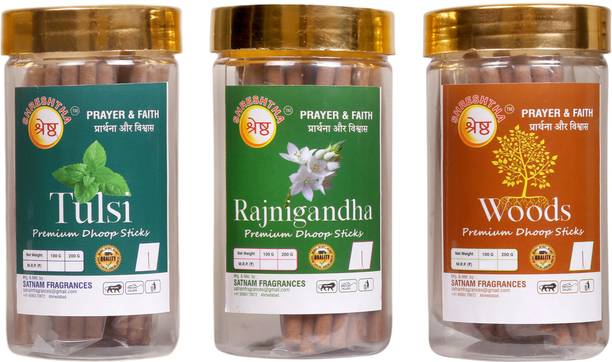 श्रेष्ठा PREMIUM TULSI RAJNIGANDHA WOODS DRY DHOOP INCENSE STICKS (100GMSX3) 300GMS JAR अगरबत्ती