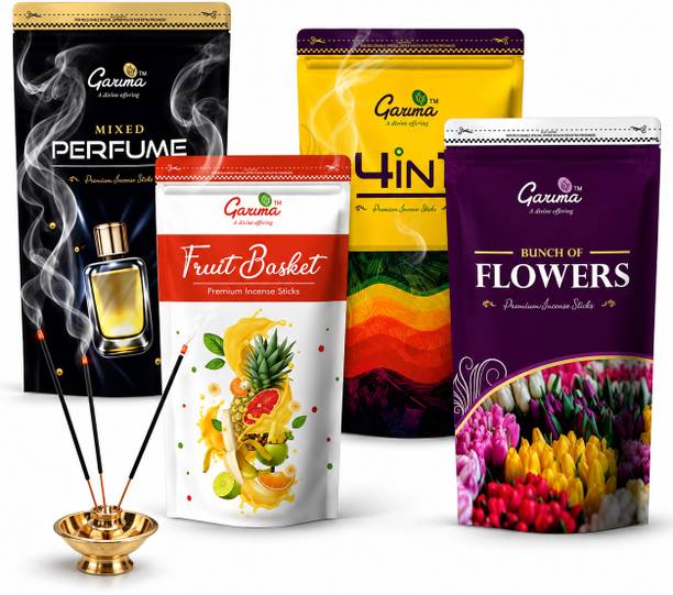 Garima PREMIUM ZIPPER POUCH INCENSE STICKS ( Combo Pack of 4 x 120 GM each ) FRUIT BASKET, BUNCH OF FLOWER, MIXED PERFUME, 4 IN 1, PACK OF 4