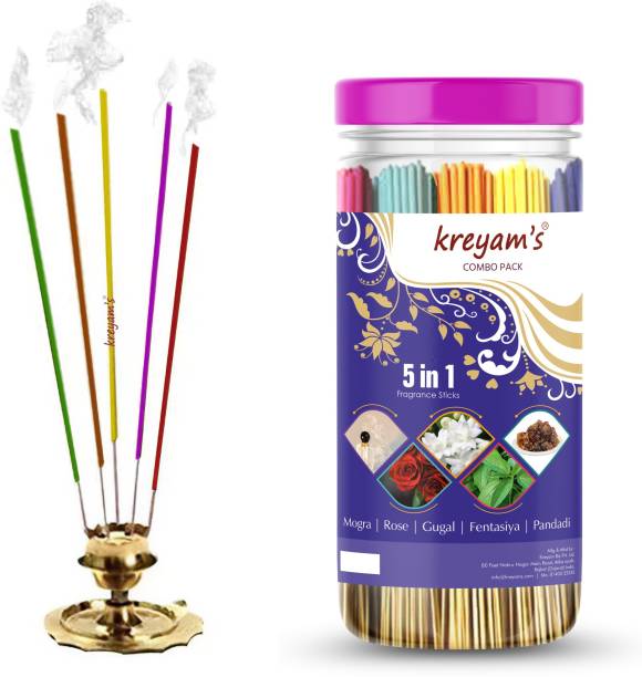 Kreyam's Incense Sticks - Agarbatti - Fragrance Sticks - Combo of 5 Fragrances Mogra, Rose, Gugal, Fentasiya, pandadi