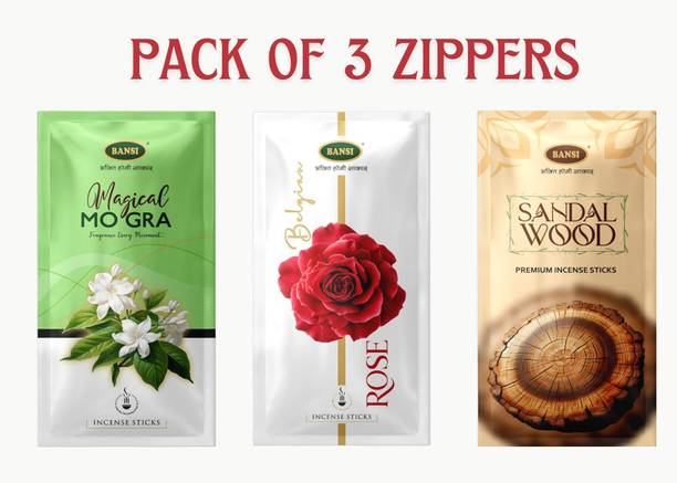 BANSI Floral Fragrance Agarbatti for Divine Puja Experience ,Rose , Mogra & Sandalwood Gulab, Mogra, Chandan