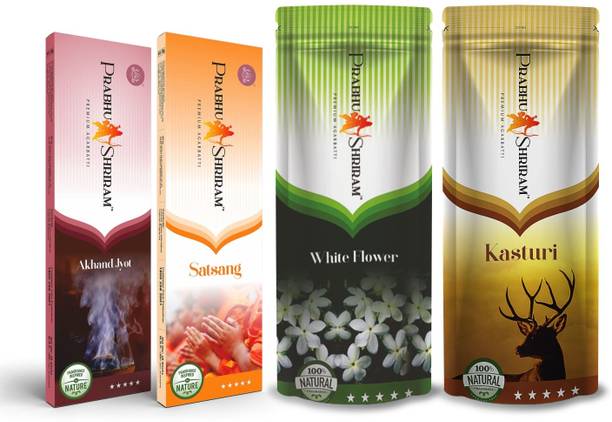 PRABHU SHRIRAM Festive Pack : Akhand jyot Agrbatti 90gm,Satsang Agarbatti 90gm , White Flower 120gm Zipper Pouch,Kasturi 120gm Zipper Pouch- Pack of 4 (280 Units) Nature Inspired Fragrance