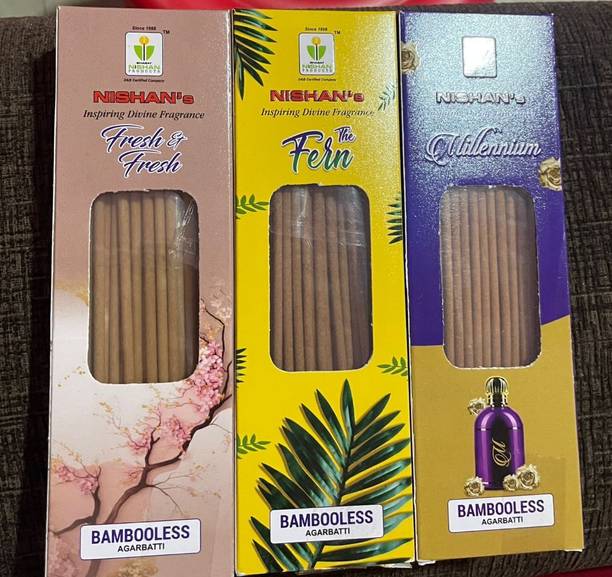 Nishan Divine Fragrance Bambooless Agarbatti, Pack of 6, (Fresh,Fern, Millennium) Divine Fragrance