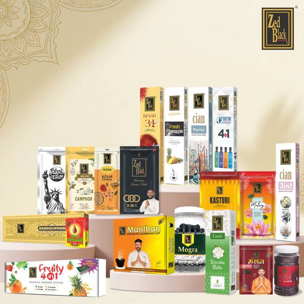 Zed Black Incense Sticks Kit, Dhoop Cones & Sticks, Sambrani Cup & Guggal Cup (Combo Set) Sandalwood, Amber