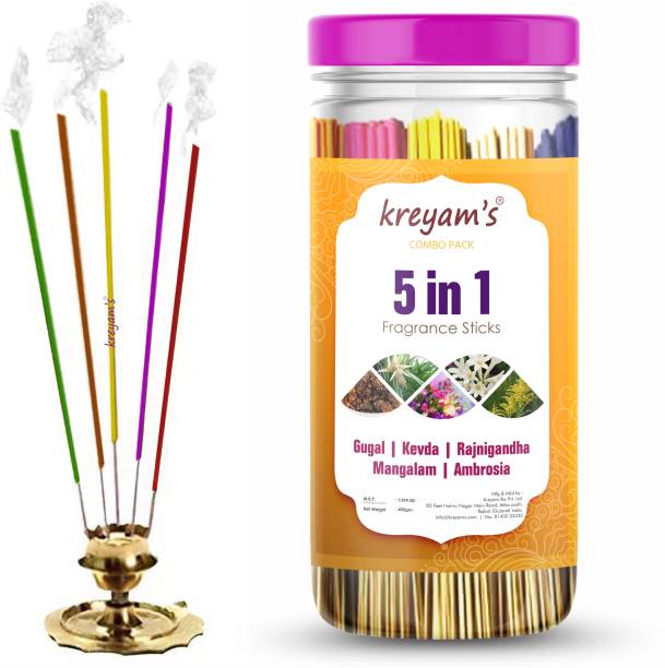 Kreyam's Highly Fragranced Premium Natural Incense Stick Gugal, Kevda, Rajnigandha, Mangalam, Ambrosia