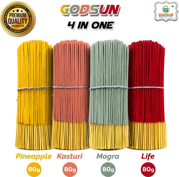 GODSUN Pineapple, kasturi, Mogra, Life Agarbatti (80×4)320gms. Incense sticks Flora 4 In One