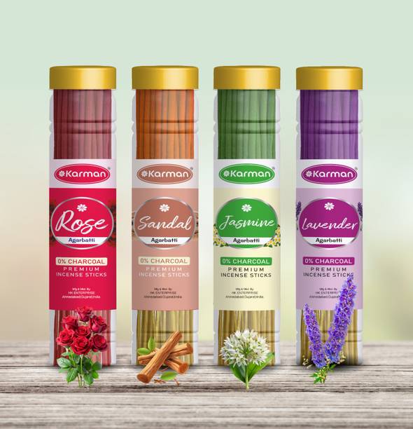 Karman PREMIUM Chandan, Mogra, Rose,Lavender Agarbatti Jar (4×100)400gm. Four Deferent Fragrance (240 sticks)incense stick Pooja Items