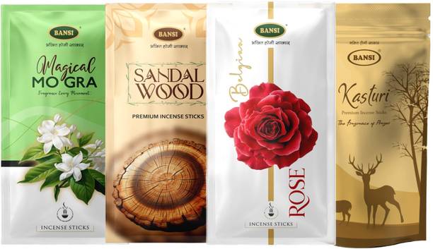 BANSI Divine Agarbatti Combo | Natural, No Charcoal Incense for Pooja, Home Fragrance Sandalwood, Mogra, Rose, Kasturi