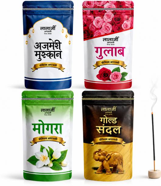 Lalaji Agarbatti Premium Agarbatti Pack of 4 Combo for Daily Pooja, Meditation & Home Fragrance Rose, Gold Chandan, Mogra & Ajmeri Muskan