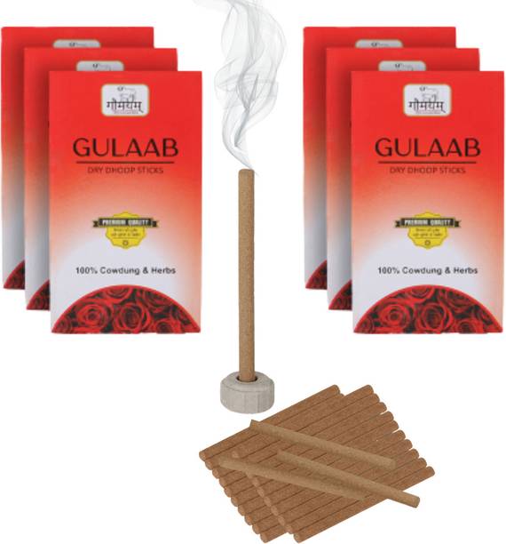 Gaumayam GULAAB Dhoop 60 Premium Organic Dhoop Sticks Herbal Natural Panchgavya Dhoop Incense with Incense holder Bambooless Charcoal Free