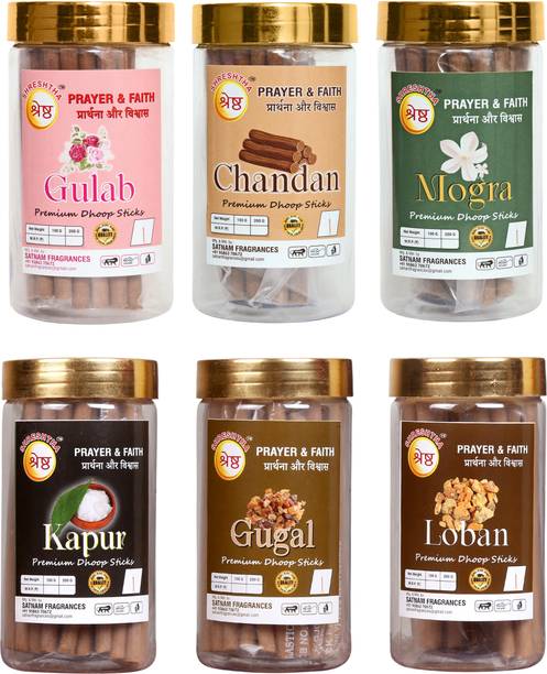 SHRESHTHA PREMIUM 6 IN 1 EXOTIC DRY DHOOP INCENSE STICKS AGARBATTI (100GMS X 6) 600GRAMS GULAB, CHANDAN / SANDAL, MOGRA, KAPUR / CAMPHOR, GUGAL, LOBAN