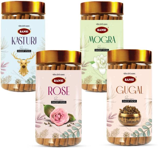 BANSI Dry Dhoop Sticks - 4*100g Long-Lasting Natural Dhoop for Pooja & Home Fragrance Mogra, Rose, Kasturi, Guggal