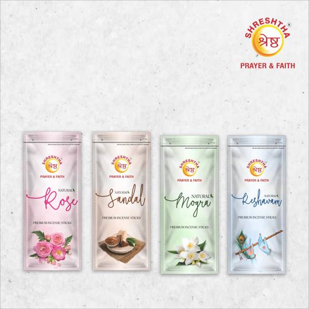 श्रेष्ठा PREMIUM 4 IN 1 ROSE SANDAL MOGRA KESHAVAM INCENSE STICK AGARBATTI (4X110G) 450G अगरबत्ती
