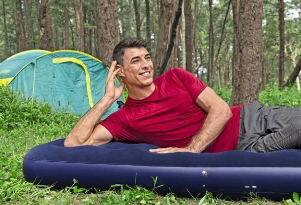 KinderTales Modstyle Flocked Air Bed Navy Blue With free pump Vinyl 1 Seater Inflatable Sofa