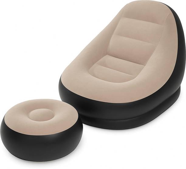 QuackQuack Traders Inflatable Lounge Chair with Ottoman – Beige & Black, PVC Flocked, Single Seater Polyester 2 Seater Inflatable Sofa