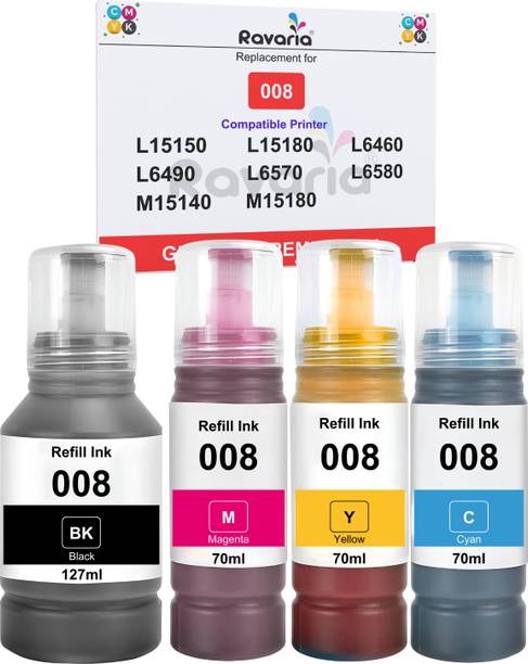 Ravaria 008 Compatible Ink For Ep L15150 L15180 L6460 L6490 L6570 L6580 M15140 M15180 Black + Tri Color Combo Pack Ink Bottle