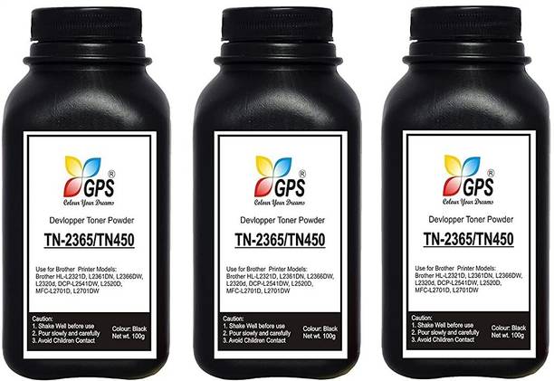 Black TN-2365 / TN450 Toner Powder Compatible For Brother HL-L2321D, L2361DN, L2366DW, L2320d, DCP-L2541DW, L2520D, MFC-L2701D, L2701DW Pack Of 3 With Nozzle 100gm Each. Black Ink Toner