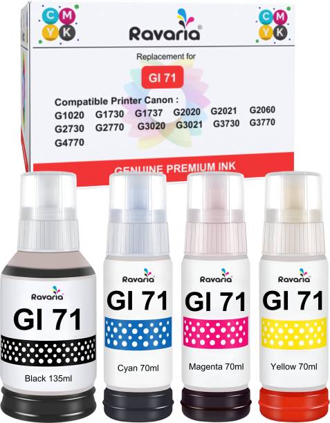 Ravaria GI 71 Ink For Canon G1020,G1730,G1737,G2020,G2021,G2060,G3020,G3730,G3770,G4770 Black + Tri Color Combo Pack Ink Bottle