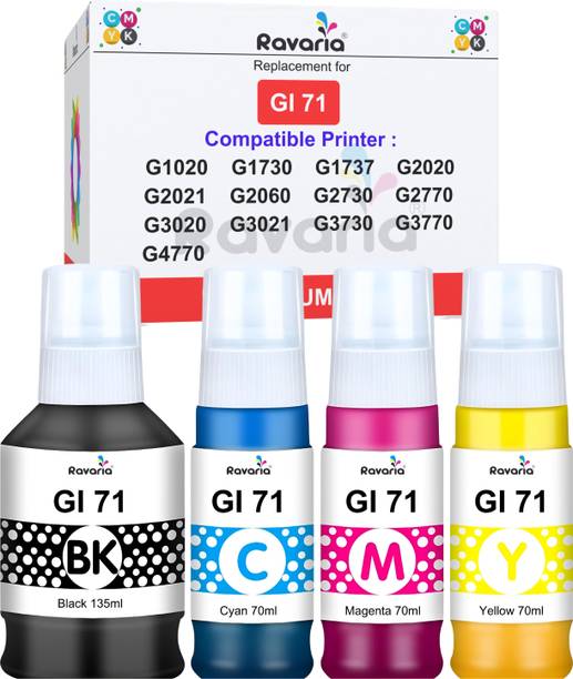 Ravaria GI 71 Ink For Cn G1020,G2020,G2021,G2060,G2730,G2770,G3020,G3770,G4770 Printer Black + Tri Color Combo Pack Ink Bottle