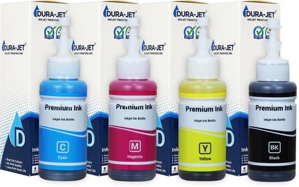 Dura-Jet T664 Ink For Epson L130,L380,L220,L360,L455 Printers - (C/M/Y/Bk - 70g x 4) Black + Tri Color Combo Pack Ink Bottle