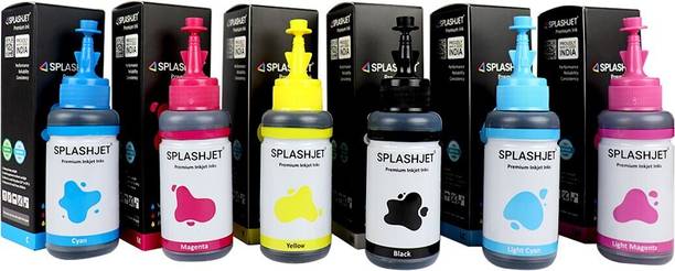 Splashjet T673 Refill Ink for L805, L800, L1800, L810 - (70gm x 6 Color Set) - Black + Tri Color Combo Pack Ink Bottle