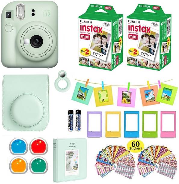 FUJIFILM Instax mini 12 Mint Green Bundle+10x4 Film+Carrying Case, Color Filters,Album,Stickers, Frames Instant Camera