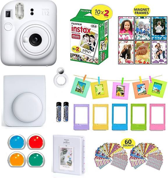 FUJIFILM Instax mini 12 Clay White Bundle+10x2 Film+Carrying Case, Color Filters,Album,Stickers, Frames Instant Camera