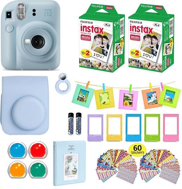 FUJIFILM Instax mini 12 Pastel Blue Bundle+10x4 Film+Carrying Case, Color Filters,Album,Stickers, Frames Instant Camera