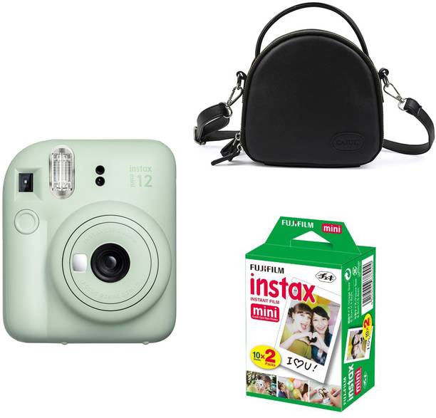 FUJIFILM Instax mini 12 Mint Green with Black shell bag and 20 Shots film Instant Camera
