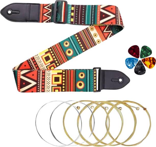 AMG Music Guitar Strap with Picks & Guitar String Set for Acoustic Electric Bass Guitars Nylon Strap