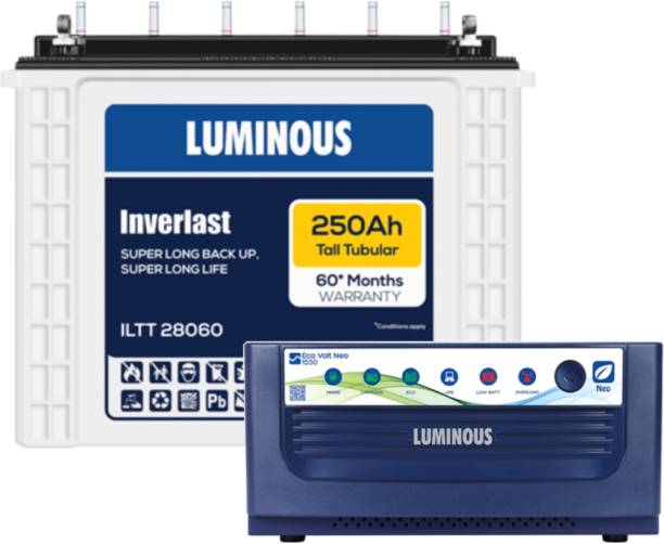 LUMINOUS Eco Volt Neo 1550 Sine Wave Inverter with Inverlast ILTT28060 Tubular Inverter Battery