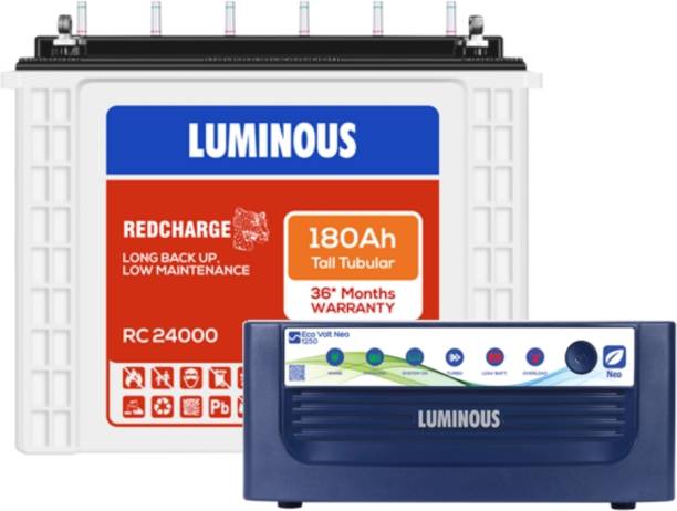 LUMINOUS Eco Volt Neo 1250 Sine Wave Inverter with Redcharge RC24000 Tubular Inverter Battery