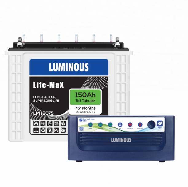 LUMINOUS ECO VOLT NEO 1050 Sine Wave Inverter with Life Max LM18075 Tubular Inverter Battery