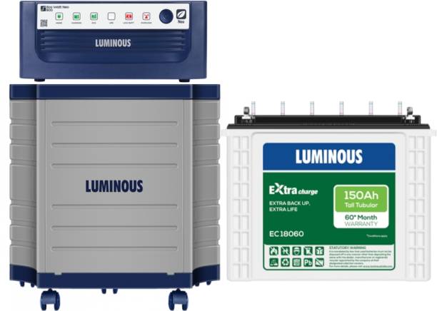LUMINOUS Eco Watt Neo 800 Inverter with Extra Charge EC18060 and TX100L Trolley Tubular Inverter Battery