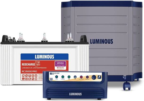 LUMINOUS Power Sine 800 Pure Sine Wave 700VA/12V Inverter with RC 15000 PRO & Trolley Tubular Inverter Battery