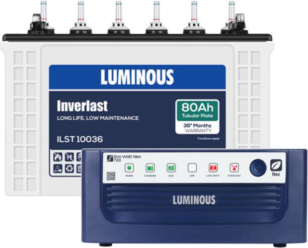 LUMINOUS Luminous ILST10036 80ah 36 Months Warranty with Eco Watt Neo 700 Inverter ILST10036 with Watt 700 INverter with 24 Months Warranty Pure Sine Wave Inverter