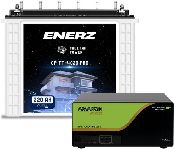 EnerZ 850 VA | 220 AH 48 Months Warranty Tall Tubular C20 Battery and Inverter with 36 Months Warranty Pure Sine Wave Inverter