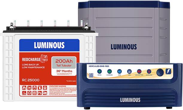 LUMINOUS Hercules 1500 Pure Sine Wave Inverter, RC 25000 200Ah Battery with Trolley with 24 Months Warranty Pure Sine Wave Inverter