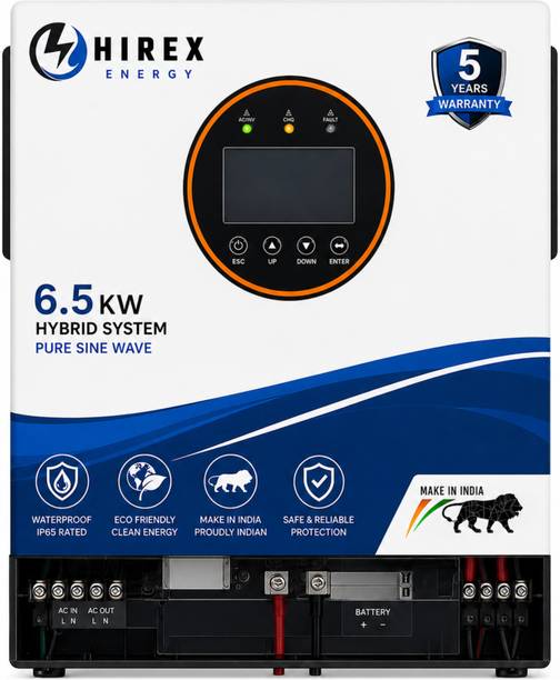Hirex HX 6.5kW Hybrid Solar Inverter | Pure Sine Wave MPPT Solar Inverter | 48V Battery Support | 120A Solar Charger | Lithium & Lead Acid Compatible with 36 Months Warranty Solar Compatible Pure Sine Wave Inverter