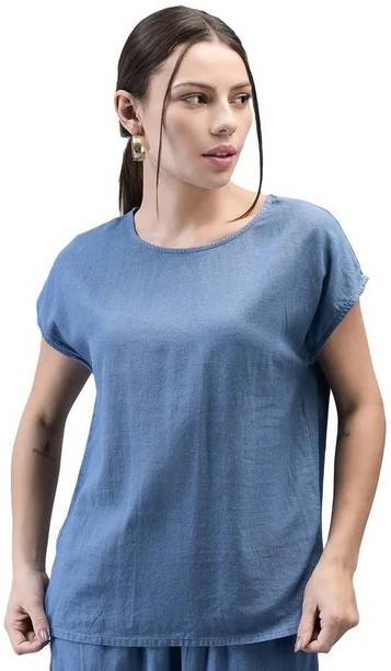 Casual Cap Sleeves Solid Women Blue Top