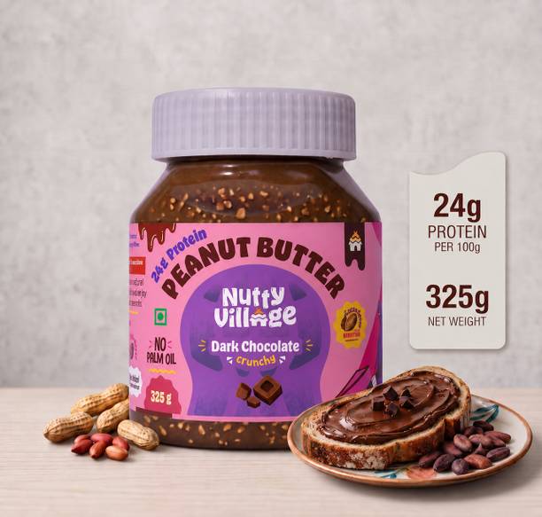 Nutty Village Dark Chocolate Crunchy Peanut Butter - No refined Sugar, High protein Spread