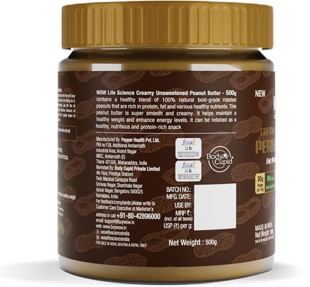 WOW Life Science Creamy Unsweetened Peanut Butter 500 g
