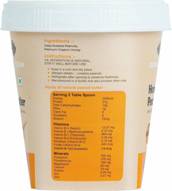 Growfitz High Protein Natural Honey Peanut Butter | 21 g Protein