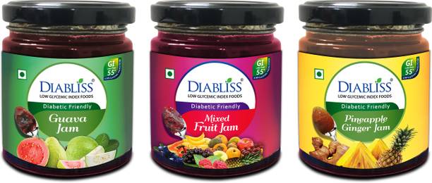 DiaBliss Jam Combo - Mixed Fruit, Pineapple Ginger, Guava each 225g - Low GI