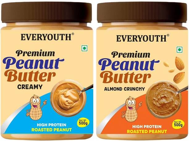 everyouth Peanut Butter Creamy & Almond Crunchy|26g Protein|Zero Cholesterol|