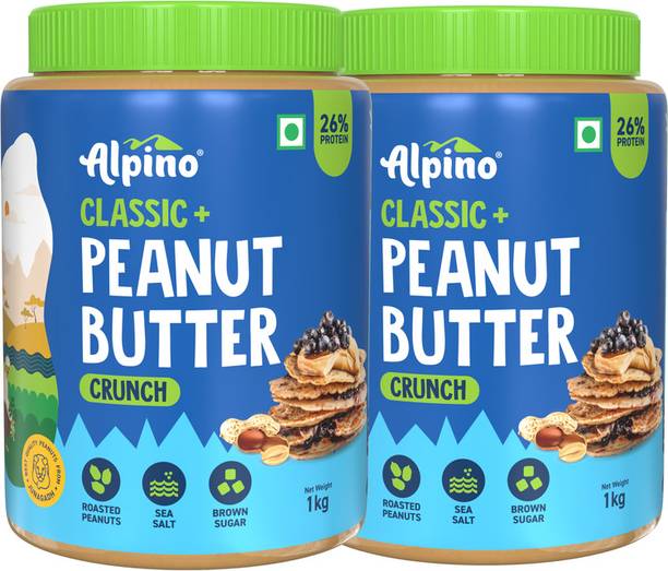 ALPINO Classic Peanut Butter Crunch 2 KG | Made with Roasted Peanuts | 25% Protein | Non GMO | Gluten Free | Vegan | 1 KG Pack of 2 |