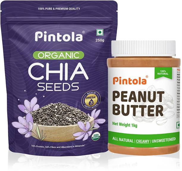 Pintola All Natural Peanut Butter (Creamy) 1kg & Organic Chia Seeds 250g Combo