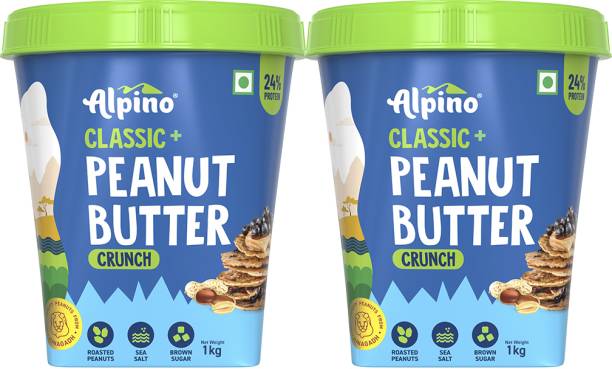 ALPINO Classic Peanut Butter Crunch 2 KG | Made with Roasted Peanuts | 25% Protein | Non GMO | Gluten Free | Vegan | 1 KG Pack of 2 | 2 kg