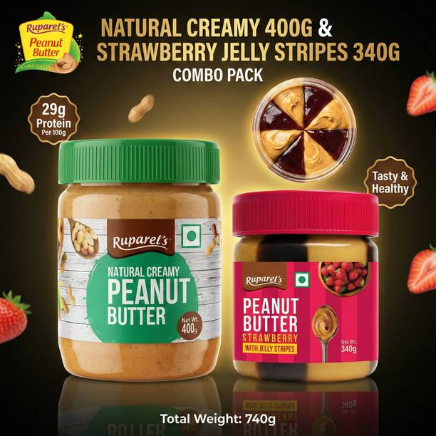 ruparel's NATURAL CREAMY 400G & STRAWBERRY WITH JELLY STRIPES 340G COMBO PEANUT BUTTER