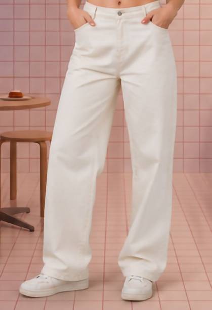 Women Straight Fit Mid Rise Beige Jeans